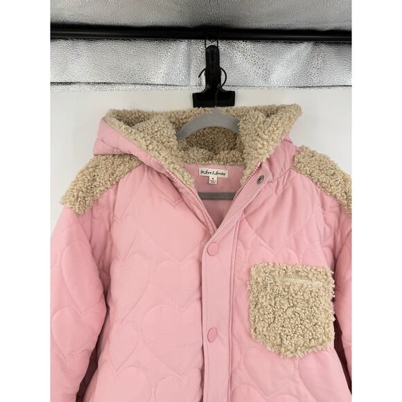 For Love And Lemons Jacket Pink Heart Puffer Coat Hooded Sherpa Trim Zip Up Sz M - Picture 5 of 12